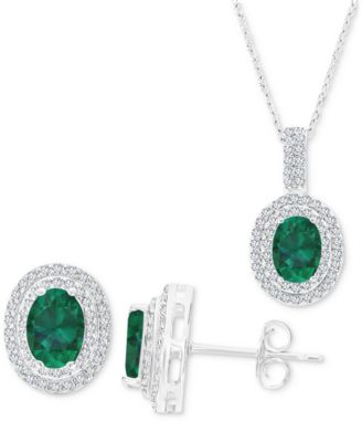 Macy's - 2-Pc. Set Lab-Grown Emerald (2-5/8 ct. t.w.) & Lab-Grown White Sapphire (1-1/10 ct. t.w.) Oval Halo Pendant Necklace & Matching Stud Earrings in Sterling Silver