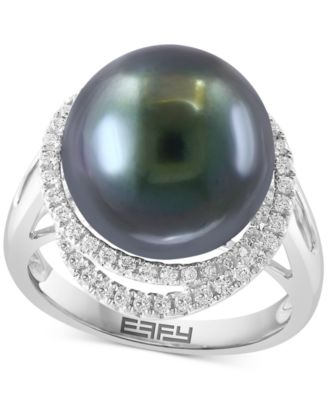 EFFY Collection - Black Tahitian Pearl (13mm) & Diamond (1/4 ct. t.w.) Double Halo Statement Ring in 14k White Gold