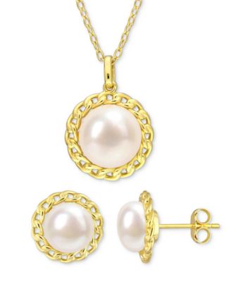 Macy's - 2-Pc. Set Cultured Freshwater Pearl (8-9-1/2mm) Pendant Necklace & Stud Earrings in 18k Gold-Plated Sterling Silver