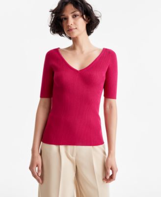 BOSS Orange - Women's V-Neck Ribbed Elbow-Sleeve Top