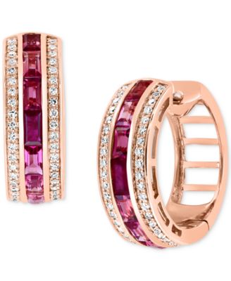 EFFY Collection - Ruby (1/5 ct. t.w.), Pink Tourmaline (7/8 ct. t.w.), & Diamond (1/3 ct. t.w.) Small Huggie Hoop Earrings in 14k Rose Gold, 0.75"