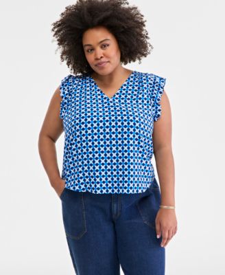 On 34th - Trendy Plus Size Geo-Print Flutter-Sleeve Top