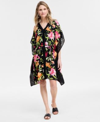 JM Collection - Women's Printed V-Neck Tie-Waist Kaftan Dress