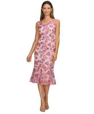 JS Collections - Women's Embellished-Floral V-Neck Sleeveless Dress