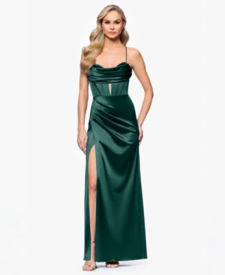 Blondie Nites - Juniors' Satin Corset-Waist Draped-Neck Gown