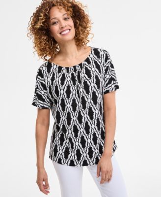 JM Collection - Petite Printed Shirred-Neck T-Shirt, Exclusively at Macy's
