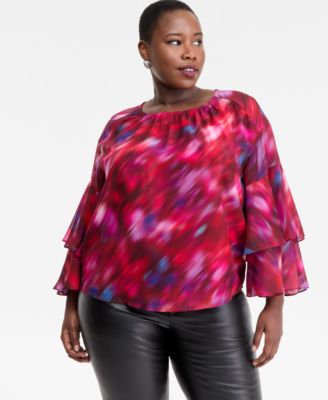 I.N.C. International Concepts - Plus Size Printed Ruffle-Sleeve Top